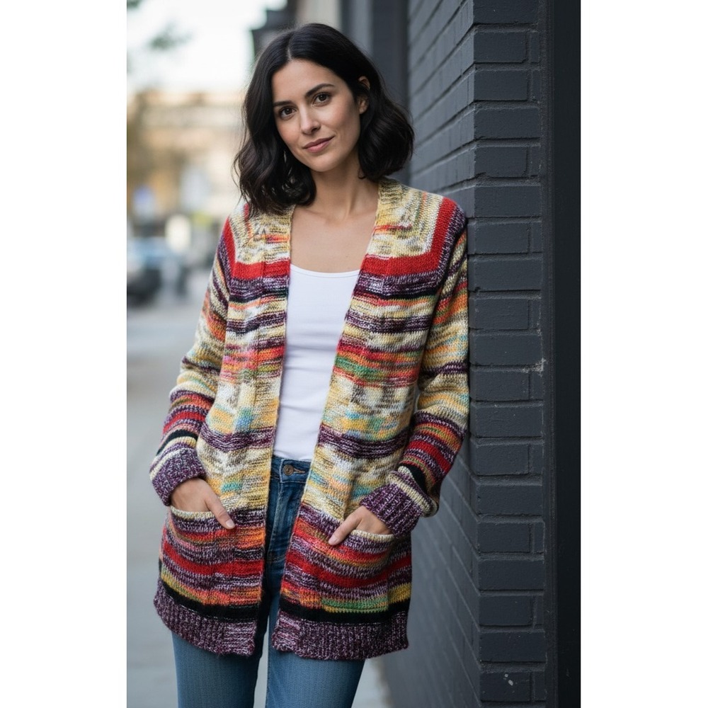 Women's L Cardigan Y2K Stripe Boho Retro Festival Indie Artsy Grandma 80s Mod